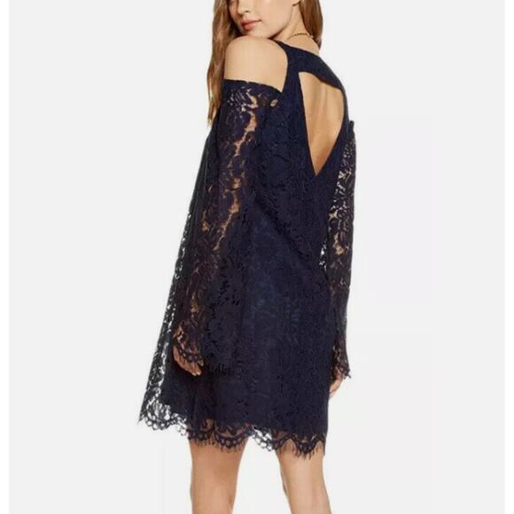 Chaser Vintage Lace Bell Sleeve Cold Shoulder Mini Dress Navy Blue Womens Medium - Picture 9 of 9